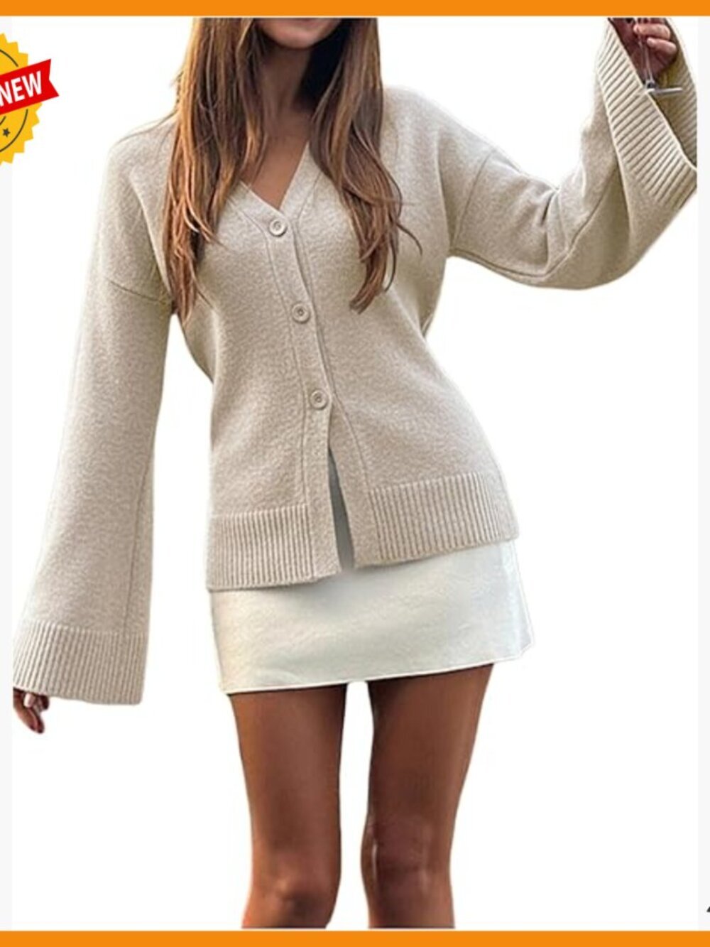 Long Bell Sleeve V-Neck Cardigan Sweater Open Front Knit Fall